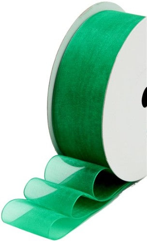 Emerald green organza ribbon, 40mm wide, 50m long, perfect for elegant gift wrapping and creative crafts.