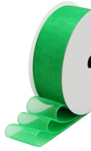 Vibrant Irish Green organza ribbon, 25mm wide, ideal for gifts, crafts, and floral arrangements with a soft shimmer.