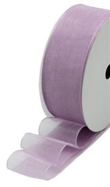 Soft lavender organza ribbon, 25mm wide and 50m long, perfect for crafting, decorating, and gift-wrapping projects.