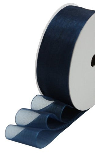 Navy blue organza ribbon, 40mm wide and 50m long, perfect for crafting, weddings, and elegant gift wrapping.