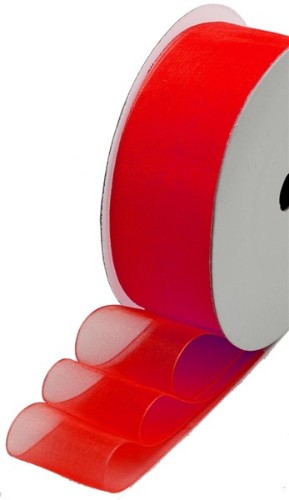 Sheer real red organza ribbon, 40mm wide and 50m long, perfect for elegant gift wrapping and crafting projects.