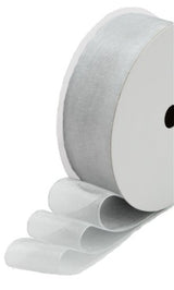 Sheer Slick Silver organza ribbon, 40mm wide on a 50m roll, perfect for elegant crafts and decorations.