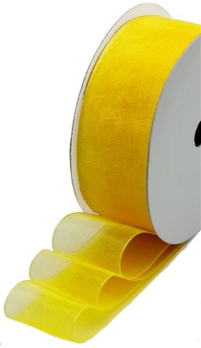 Vibrant strong yellow organza ribbon, 25mm wide, 50m roll, perfect for crafting, gift wrapping, and event decoration.