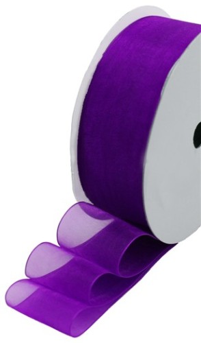 Violet organza ribbon roll, 25mm wide and 50m long, perfect for elegant gift wrapping and crafting projects.