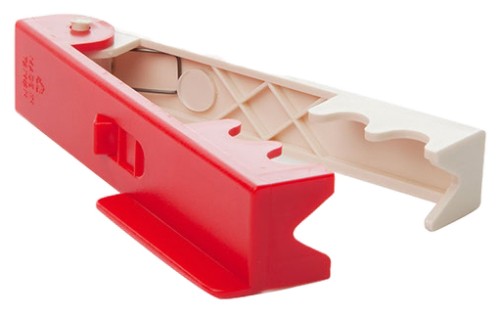 Red and cream plastic rose stripper designed for easy leaf and thorn removal, enhancing your floral arrangements effortlessly.