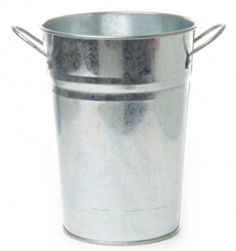 Tin conical display vase in zinc with a side handle, perfect for flowers or as a standalone decor piece.