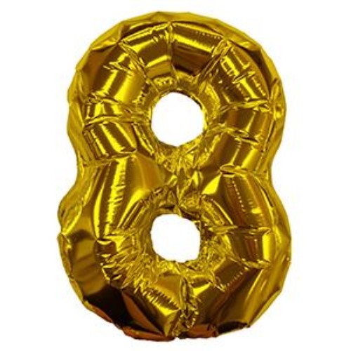 Self-inflating gold balloon shaped like the number eight, 23cm, perfect for elegant celebrations and easy decoration.
