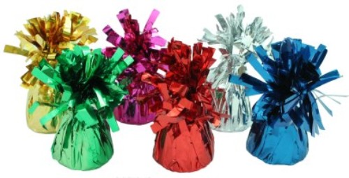 Colorful foil balloon weights, bag of 24, perfect for anchoring balloons at celebrations and enhancing festive decor.