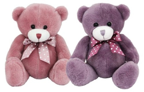 Set of 2 plush bears in purple and dusky pink, each 19cm, featuring soft fabric and playful polka dot ribbons.