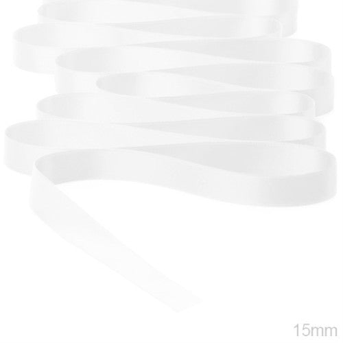Elegant Satin White Double Face Ribbon, 15mm wide and 25m long, perfect for gift wrapping and DIY crafts.