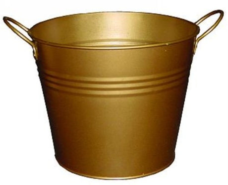Set of 6 elegant gold metal buckets with 2 handles, perfect for storage, décor, and versatile uses in any setting.
