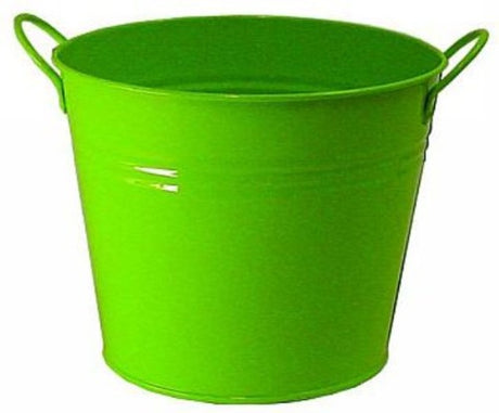 Vibrant lime metal buckets with 2 handles, set of 6, perfect for storage, gardening, or decoration. Each 140mm tall.