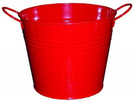 Set of 6 red metal buckets with two handles, 140mm tall, perfect for storage, decor, or outdoor use.