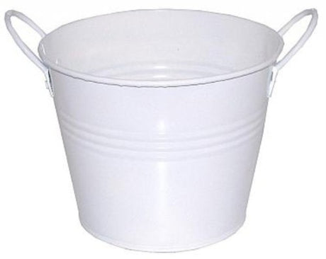 Set of 6 white metal buckets with 2 handles, perfect for storage or planting; each measures 140mm high and 150mm wide.