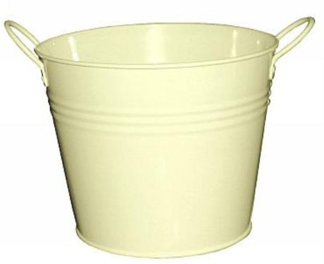Set of 6 cream metal buckets with two handles, perfect for decor or serving snacks, 160mm tall and durable design.