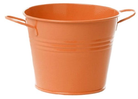 Bright orange metal bucket set of 6 with two handles, perfect for storage, planters, or creative decor.