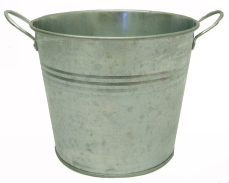 Set of 6 silver metal buckets with two handles, perfect for storage, decoration, or gardening tasks.