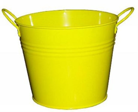 Set of 6 vibrant yellow metal buckets with two handles, perfect for gardening, decor, or organizing supplies.