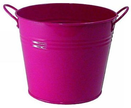 Set of 6 hot pink metal buckets with handles, perfect for storage, planters, or decorative uses in home and garden.