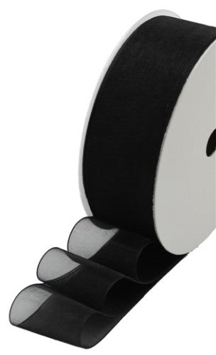 Gorgeous black organza ribbon, 25mm wide, 10m roll, perfect for elegant crafting, gift wrapping, and floral arrangements.