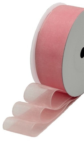 Delicate baby pink organza ribbon, 25mm wide, perfect for wedding decor, gift wrapping, and elegant crafting projects.