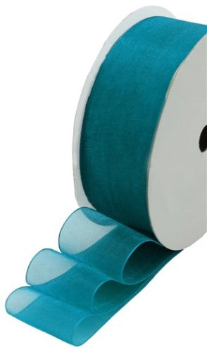 Gorgeous Duck Blue organza ribbon, 25mm wide, 10m roll, ideal for crafting, gift wrapping, and elegant decorating.