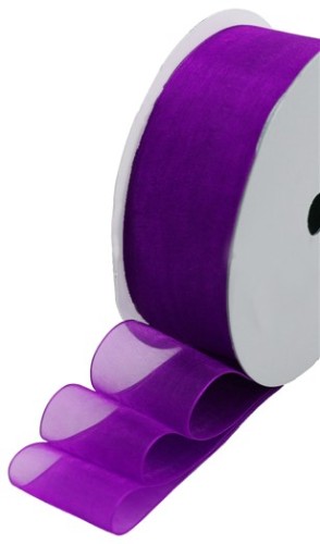 Dark purple organza ribbon, 25mm wide, 10m roll, perfect for elegant gift wrapping and crafting projects.