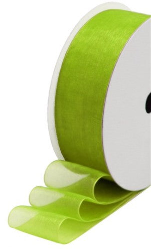 Vibrant lime green organza ribbon, 25mm wide, 10m roll, perfect for crafting, decorating, and elegant accents.