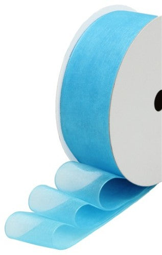 Sky blue organza ribbon, 25mm wide, perfect for crafting, gift wrapping, and elegant decor accents, 10m roll.