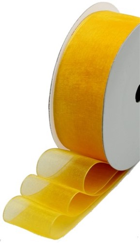 Vibrant yellow organza ribbon, 25mm wide and 10m long, ideal for gift wrapping and DIY crafts with a luxurious sheer finish.
