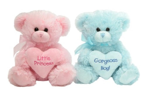 Cuddly sitting bear holding a heart, available in pink and blue, perfect for gifts expressing love and friendship.