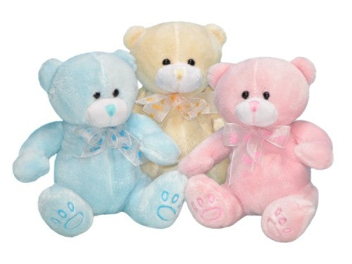 Set of 3 plush paw print baby toys in pink, blue, and lemon; ideal for cuddling and safe play for infants.