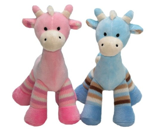 Soft toy Stretch Giraffe in baby pink and blue, 23cm tall, perfect for cuddling and imaginative play for children.