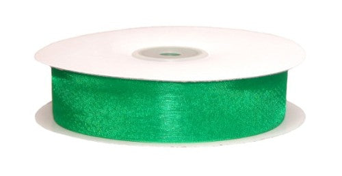 Emerald Green Organza Ribbon on a 50m roll, 25mm wide, perfect for elegant crafting and gift wrapping projects.