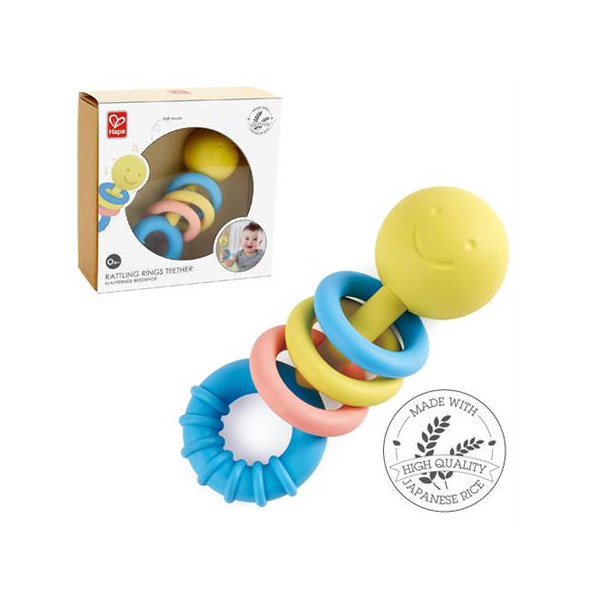 Colorful Rattling Rings Teether by Hape designed for infants, featuring eco-friendly materials and stimulating sensory elements.