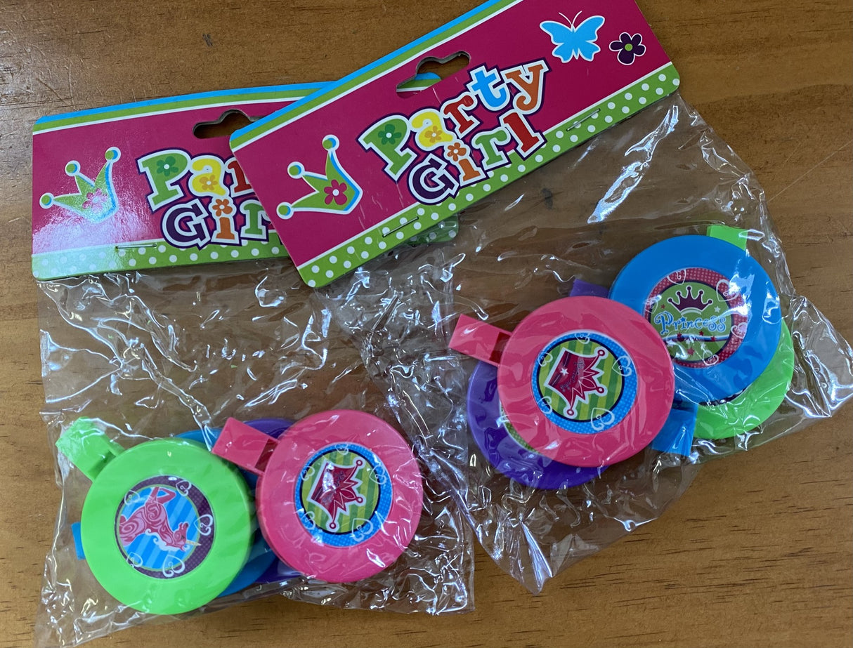 Colorful princess whistles in 8 assorted colors, perfect for birthday parties and festive celebrations. Clearance price!