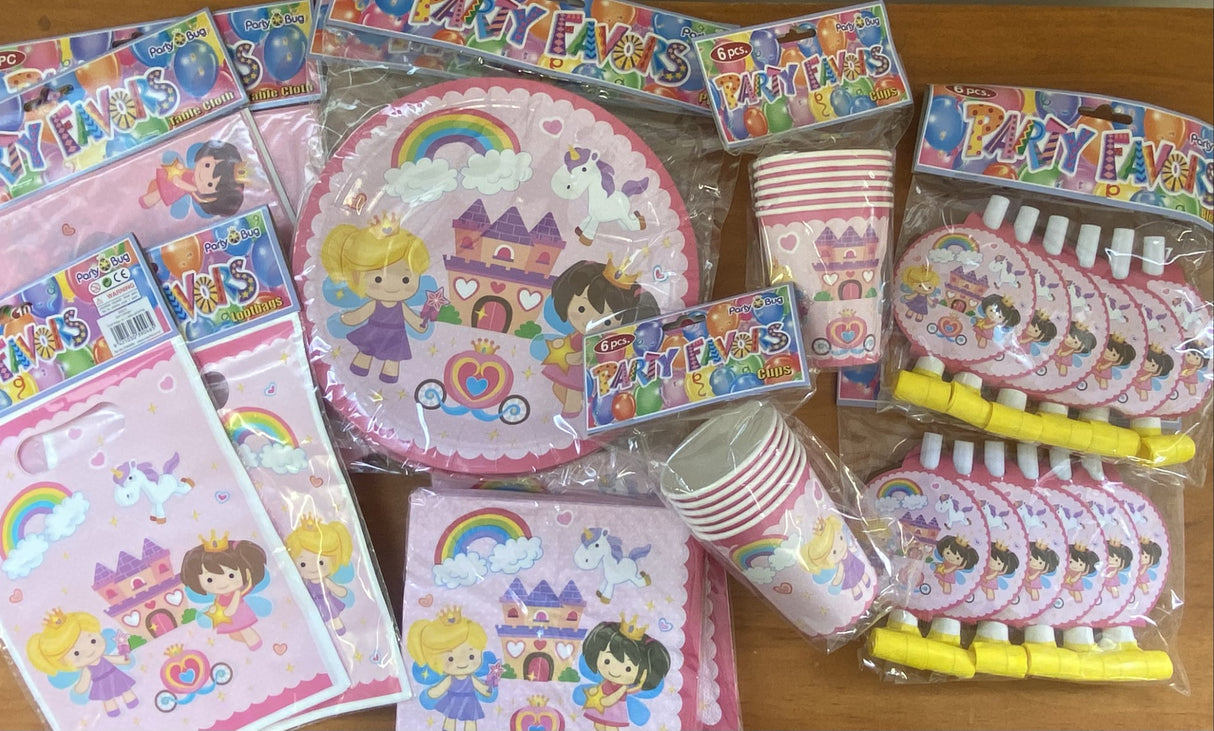 Fairy Princess party tableware set featuring princess-themed tablecloths, napkins, plates, cups, blowouts, and loot bags.