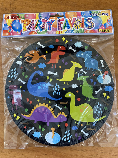 Colorful paper plates featuring adorable dinosaurs, perfect for children's parties and eco-friendly dining. Pack of 6.