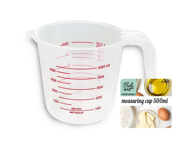 Set of 12 Max Brand 500ml transparent measuring cups with clear markings for precise liquid and dry ingredient measurement.