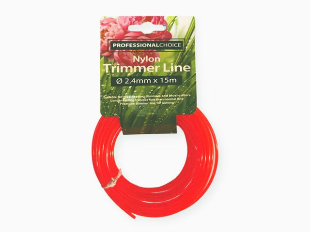 Professional choice nylon trimmer line, 15m long and 2.4mm thick, ideal for efficient grass and weed cutting. 24 units included.