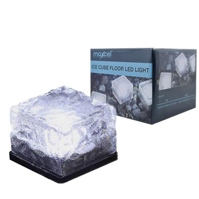 Set of 24 Maxcel Solar Powered Ice Cube LED Lights, cool white glow, waterproof, eco-friendly, perfect for outdoor spaces.