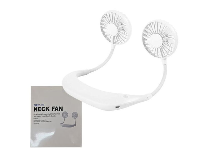 Portable USB rechargeable neck fan for hands-free cooling, lightweight design, adjustable speed, perfect for summer comfort.
