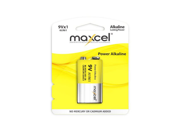 Maxcel Performance 9V Alkaline Battery pack, 30 units, eco-friendly, reliable for devices like smoke detectors and controllers.