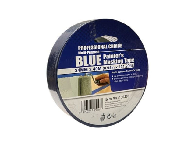 Premium blue painter's masking tape, 24mm x 40m rolls, ideal for clean lines and surface protection in DIY painting projects.