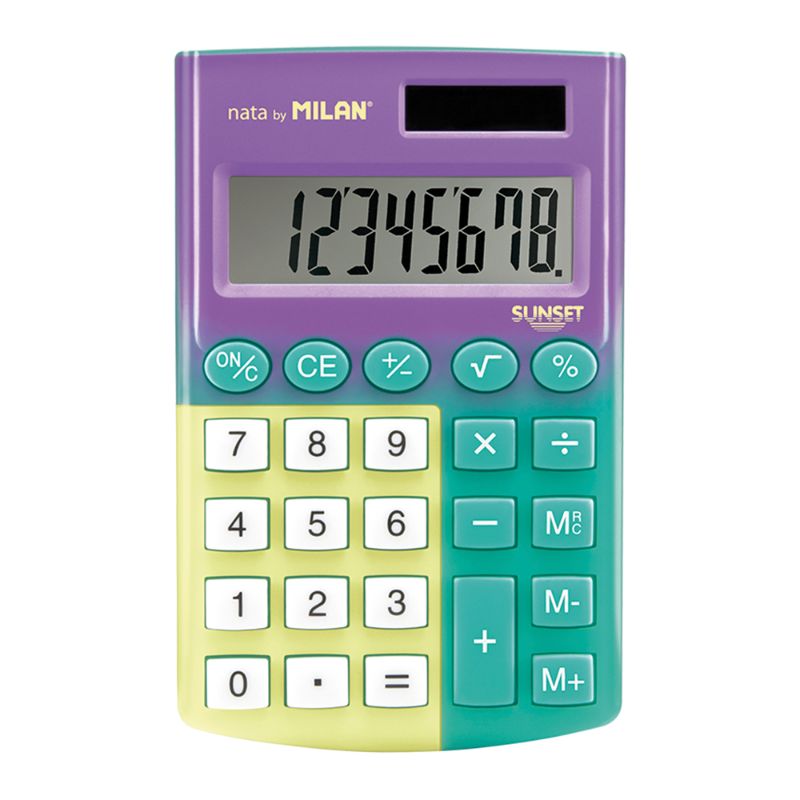 Milan Sunset Pocket Calculator with 8-digit display, soft-touch keys, dual power, and 4 vibrant colors for on-the-go use.