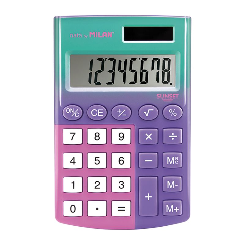 Milan Sunset Pocket Calculator with 8-digit display, soft-touch keys, dual power, in vibrant yellow, violet, pink, and turquoise.