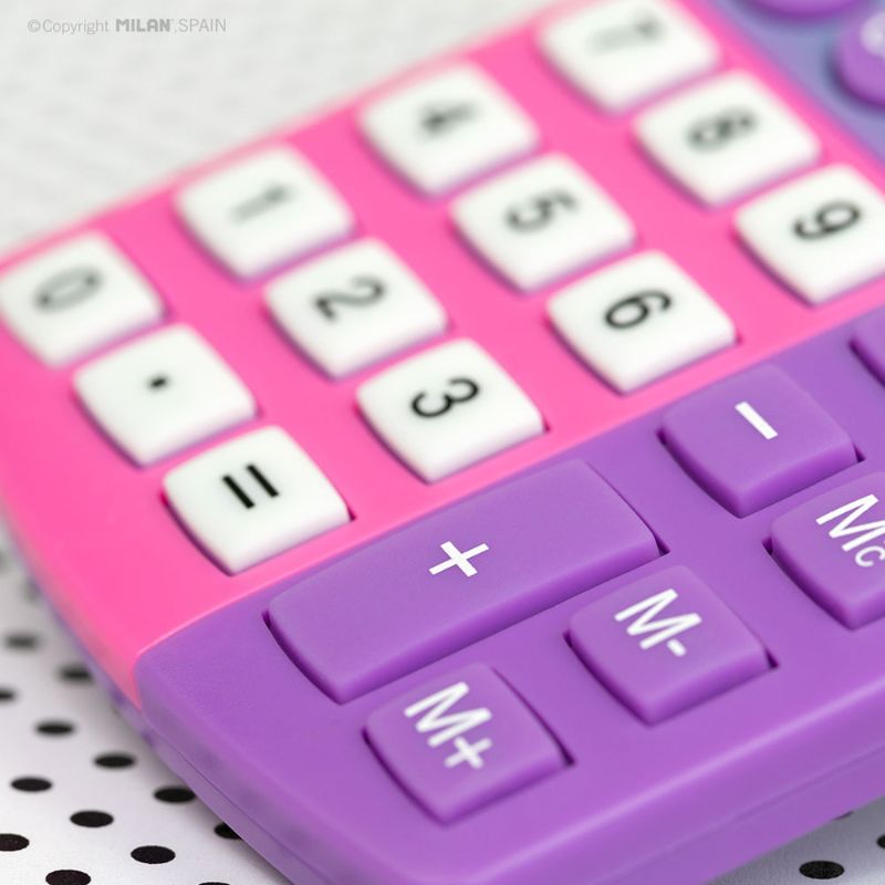 Milan Sunset Pocket Calculator with 8-digit display, soft-touch keys, dual power, and available in four vibrant colors.