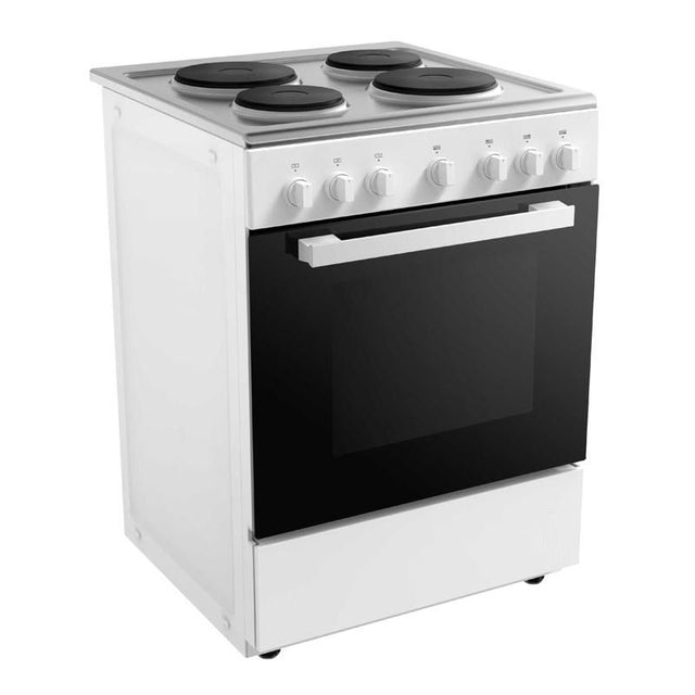 Midea 60cm freestanding stove with 4 hot plates and 65L oven, featuring nine cooking functions and double glazed glass door.