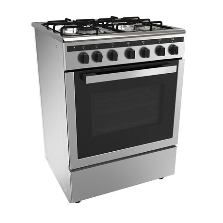 Midea 60cm freestanding stove featuring 4 gas burners, electric oven with 9 functions, and stylish stainless steel finish.