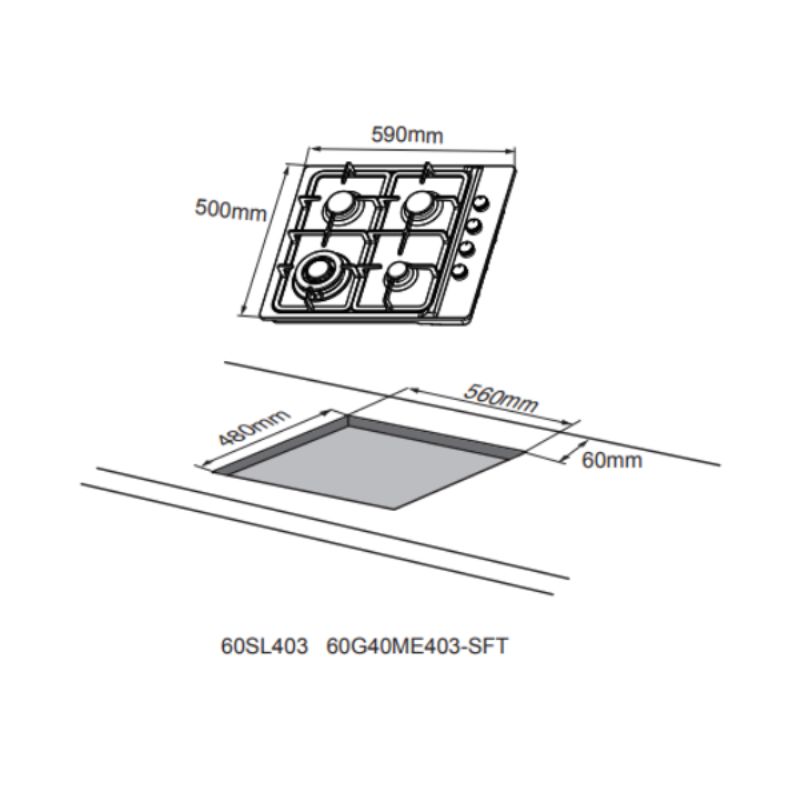 Midea 60cm gas cooktop with 4 burners, stainless steel design, automatic ignition, and flame safety features.